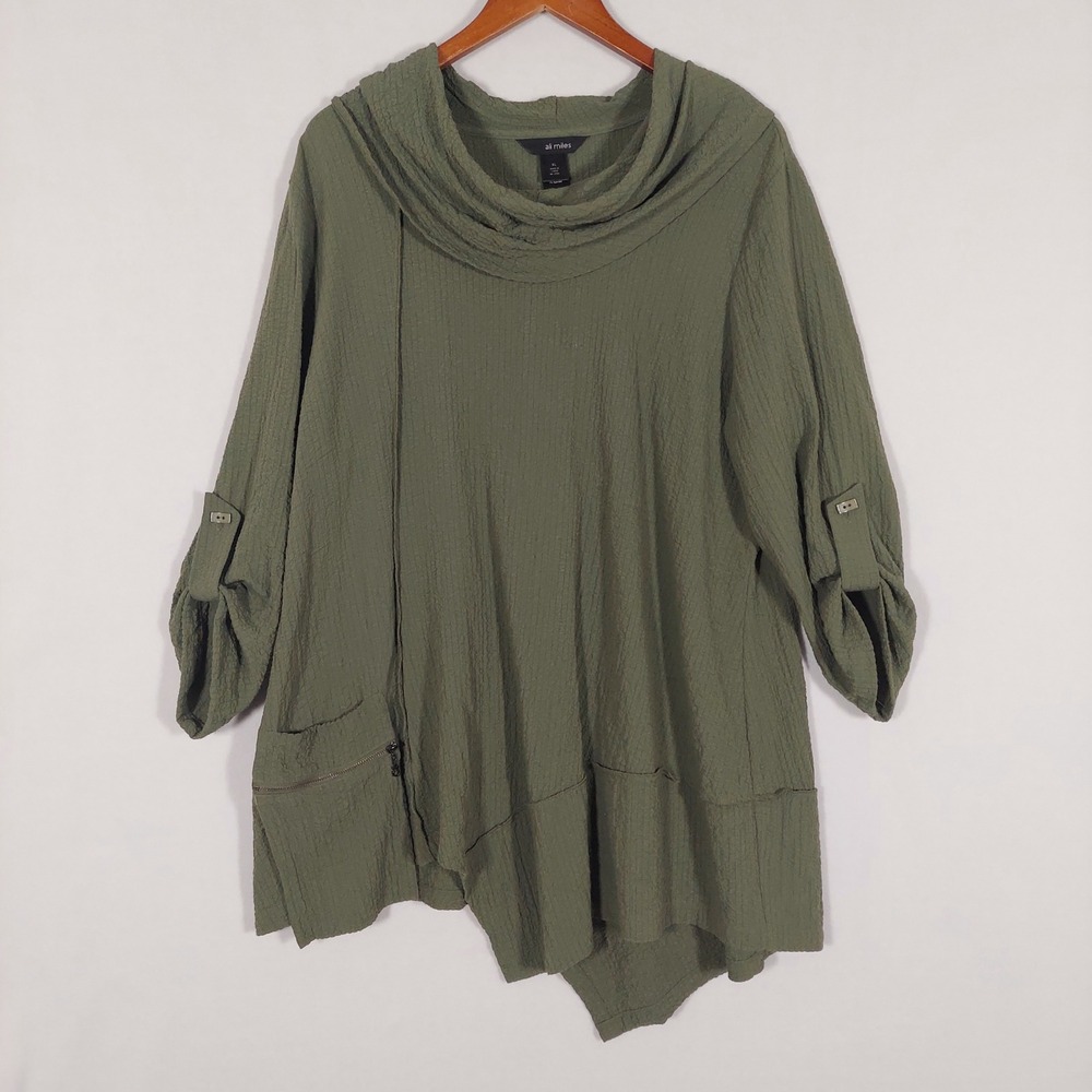 Ali Miles Olive Green Crinkle Tunic Top Cowl Neck Asymmetrical Lagenlook XL